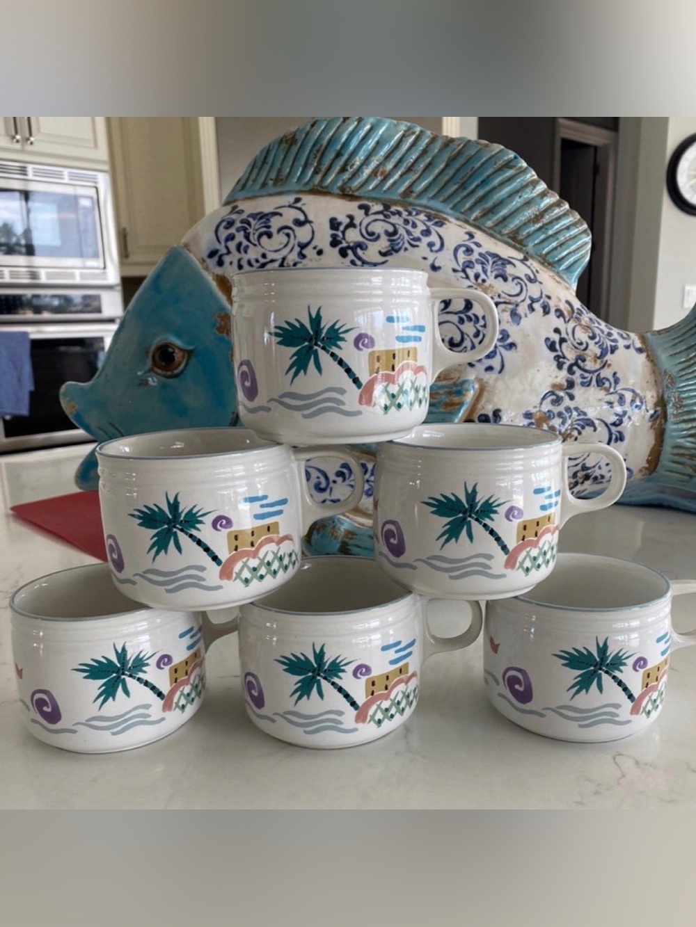 Vintage studio nova coastal mugs  , set of 6 flat cups by studio nova palm trees